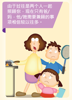 由于过往是两个人一起照顾你，现在只有爸/妈，他/她需要兼顾的事项相信较以往多。