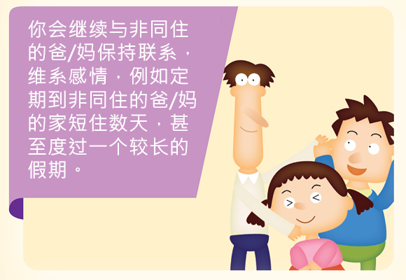 你会继续与非同住的爸/妈保持联系，维系感情，例如定期到非同住的爸/妈的家短住数天，甚至度过一个较长的假期。