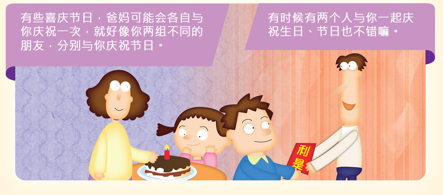 有些喜庆节日，爸妈可能会各自与你庆祝一次，就好像你两组不同的朋友，分别与你庆祝节日。/有时候有两个人与你一起庆祝生日、节日也不错嘛。