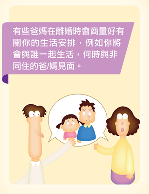 有些爸媽在離婚時會商量好有關你的生活安排，例如你將會與誰一起生活，何時與非同住的爸/媽見面。