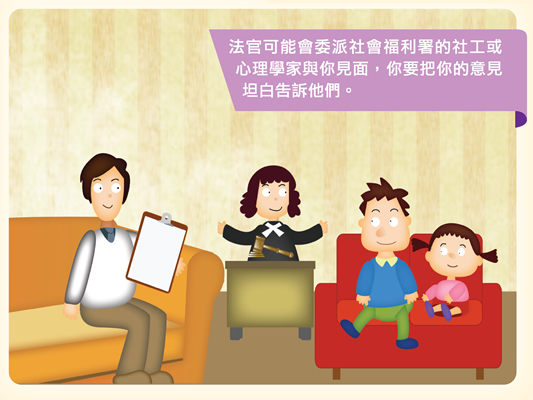 法官可能會委派社會福利署的社工或心理學家與你見面，你要把你的意見坦白告訴他們。