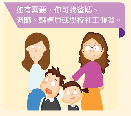 如有需要，你可找爸媽、老師、輔導員或學校社工傾談。