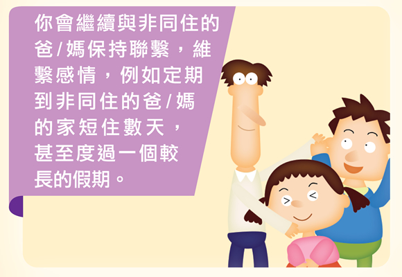 你會繼續與非同住的爸/媽保持聯繫，維繫感情，例如定期到非同住的爸/媽的家短住數天，甚至度過一個較長的假期。