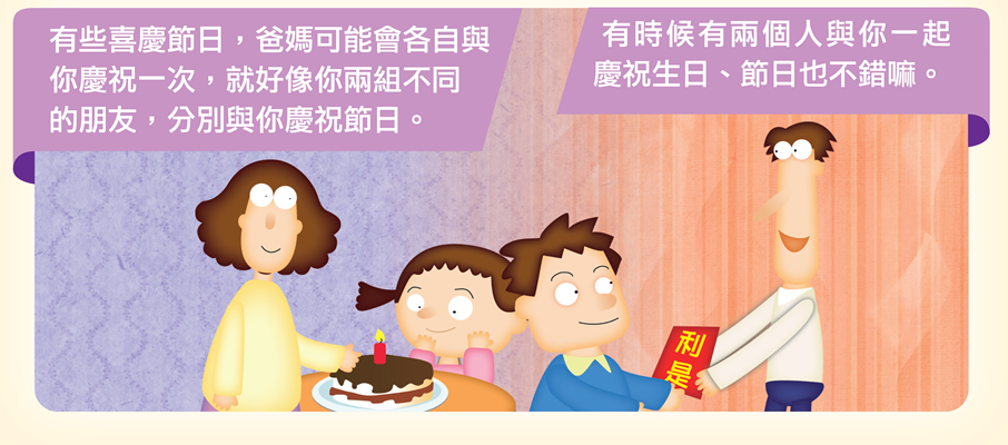 有些喜慶節日，爸媽可能會各自與你慶祝一次，就好像你兩組不同的朋友，分別與你慶祝節日。/有時候有兩個人與你一起慶祝生日、節日也不錯嘛。